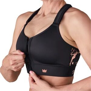 SHEFIT Black Front-Zip Sports Bra with Rose Gold Accents